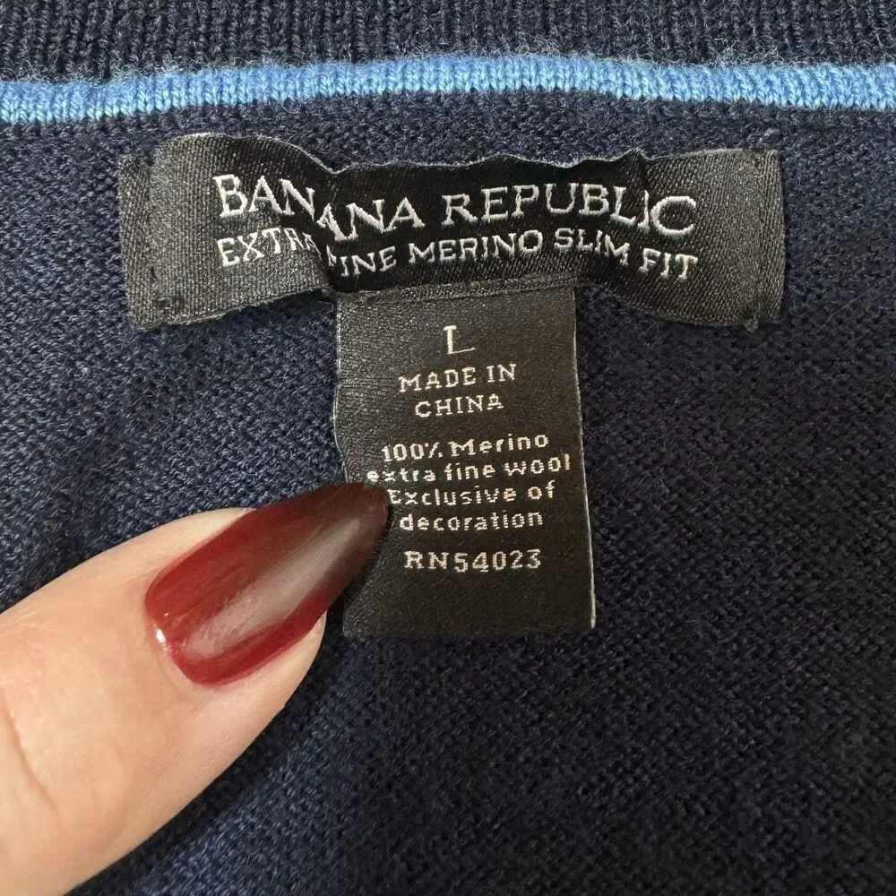Banana Republic Merino Wool Elbow Patch Sweater Mens Large Navy Preppy Old Money